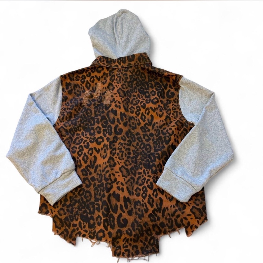 Leopard Print Hoodie Shacket Jacket Women’s Large Boho Baddie Moto Grunge Brown - Picture 5 of 8